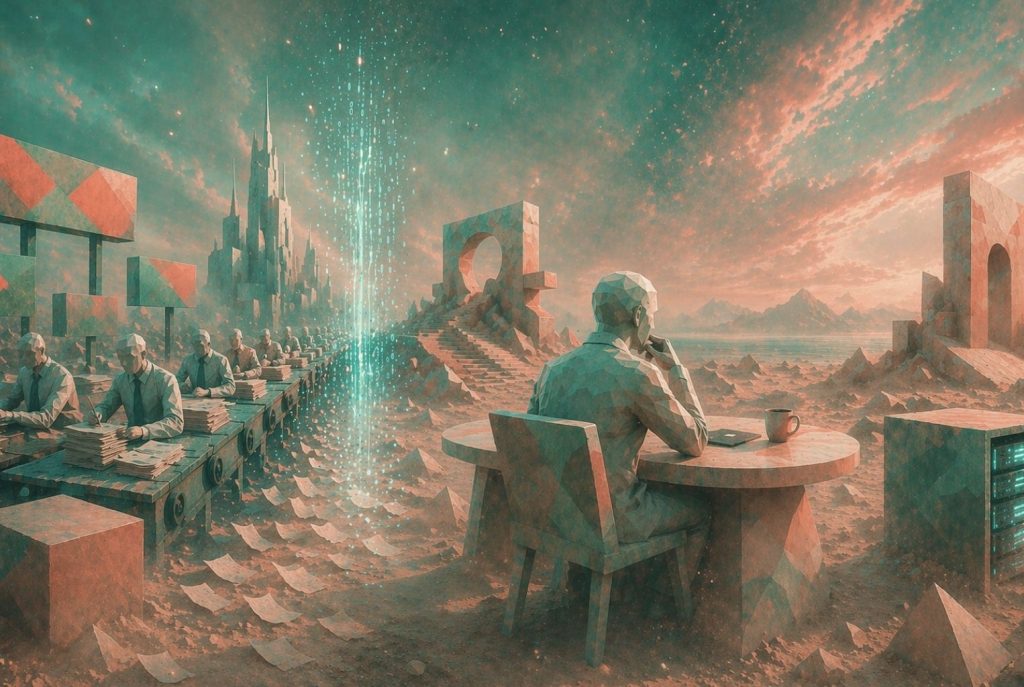 Paisaje surrealista entre lo antiguo y lo futurista