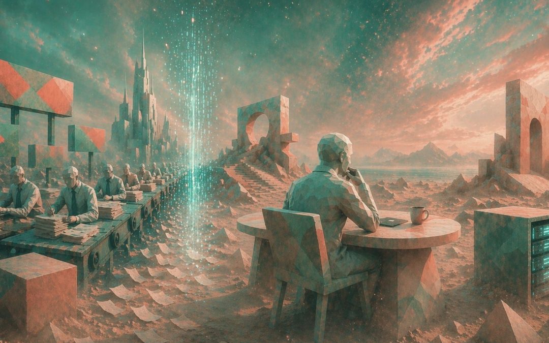 Paisaje surrealista entre lo antiguo y lo futurista