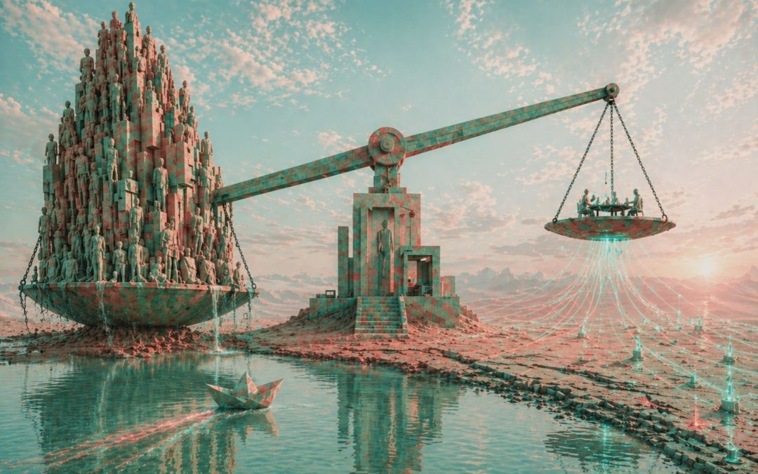 Un despacho convertido en una balanza monumental en medio de un desierto infinito.